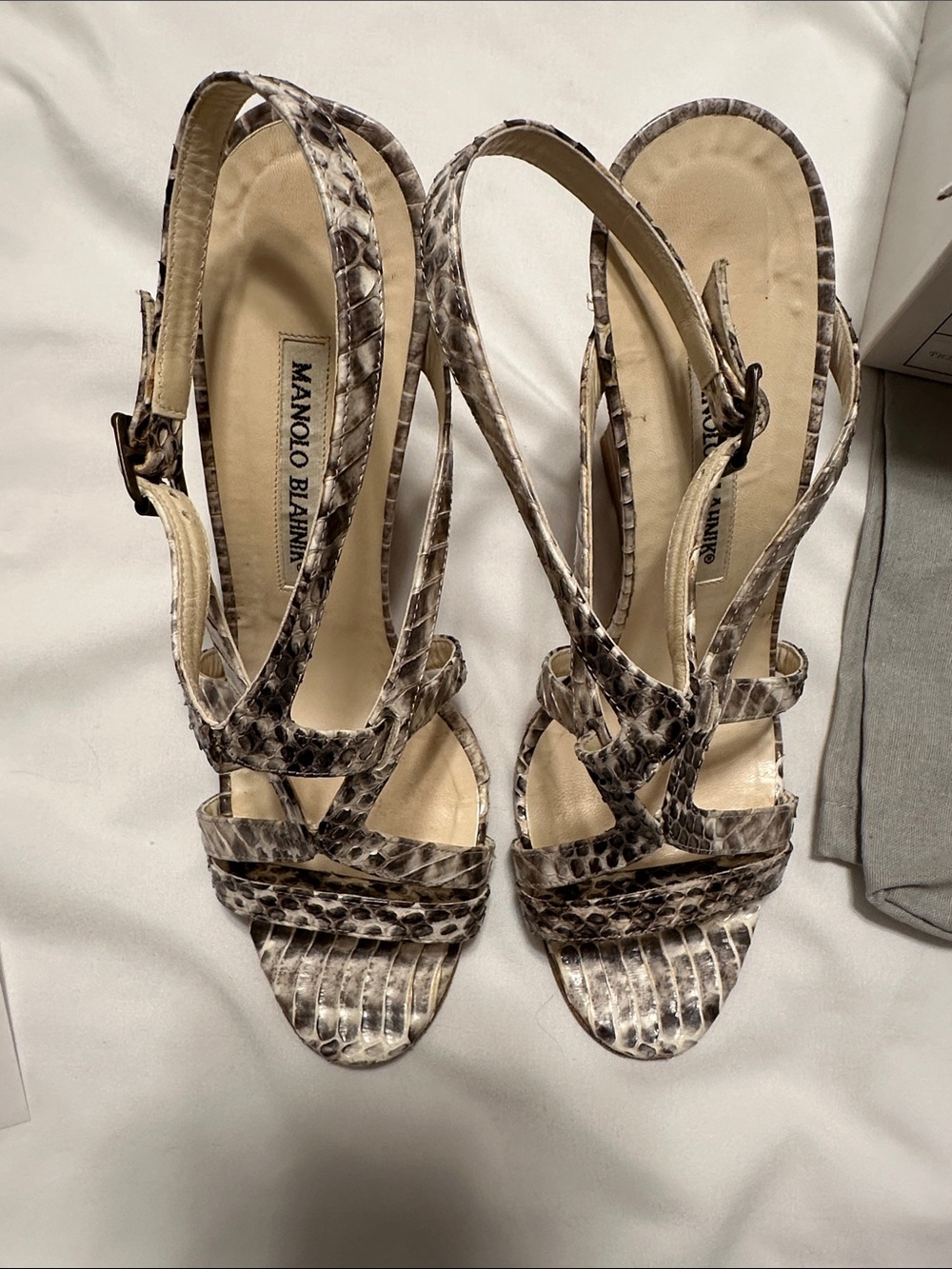Manolo Blahnik Neutral Snake-Print Strappy Heels